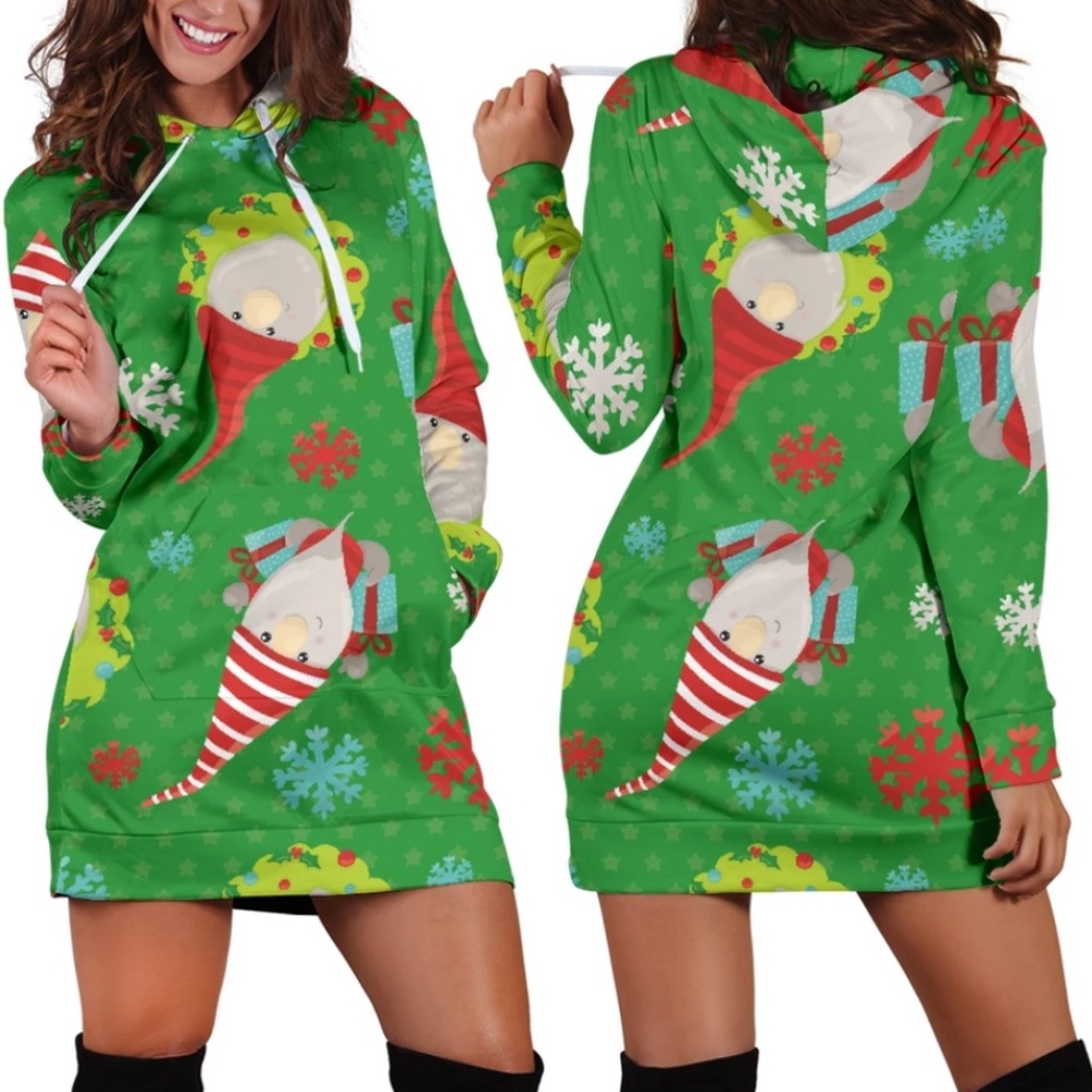 Gnome Christmas Green Hoodie Dress